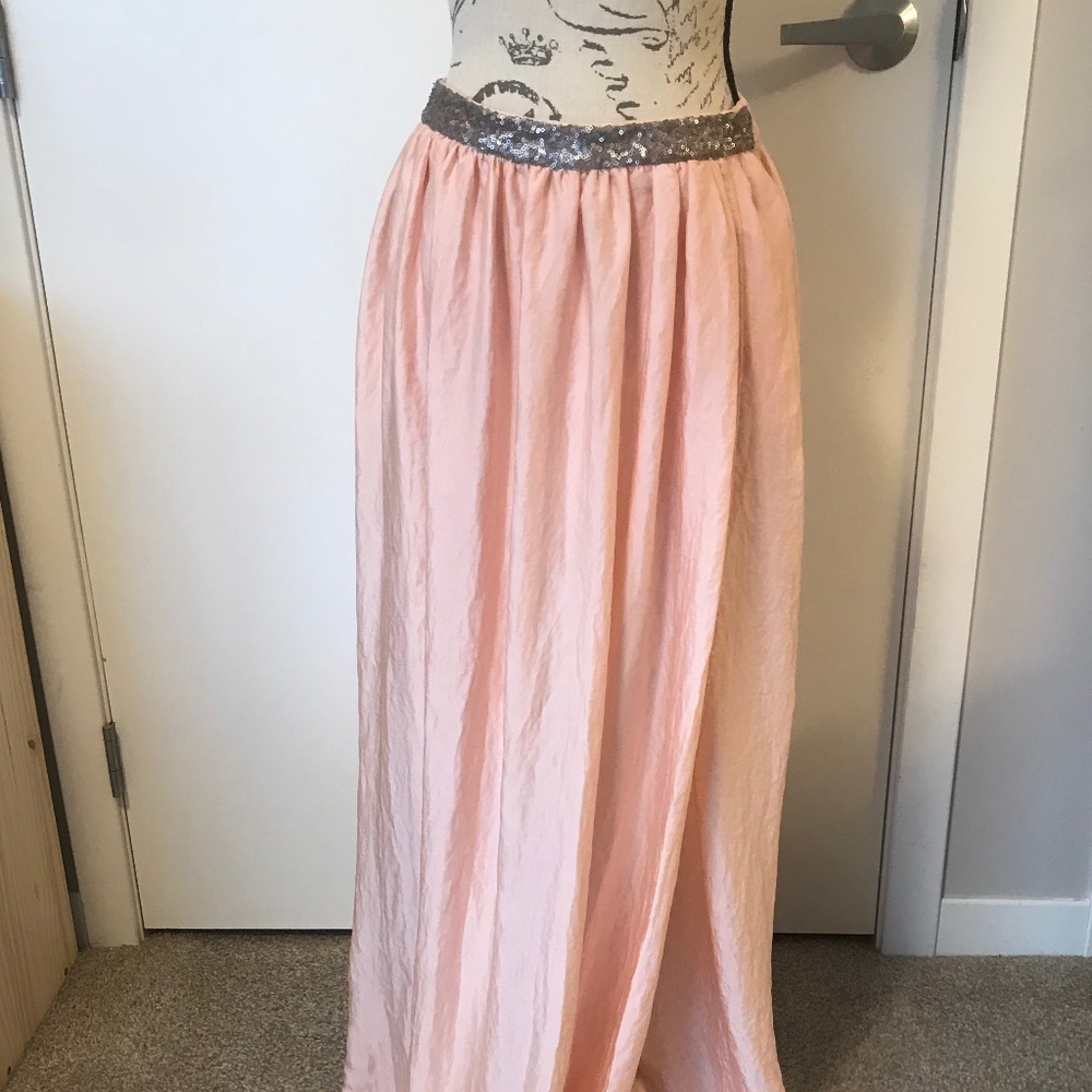 Long Pink Skirt with Grey Trim